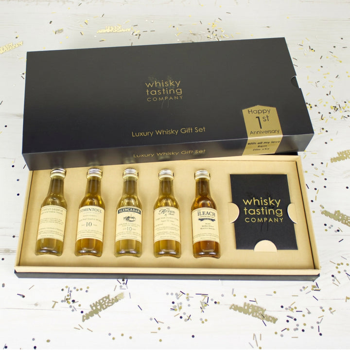 Personalised Wedding Anniversary whisky gift set with five bottles in a luxury gift box from the Whisky Tasting Company