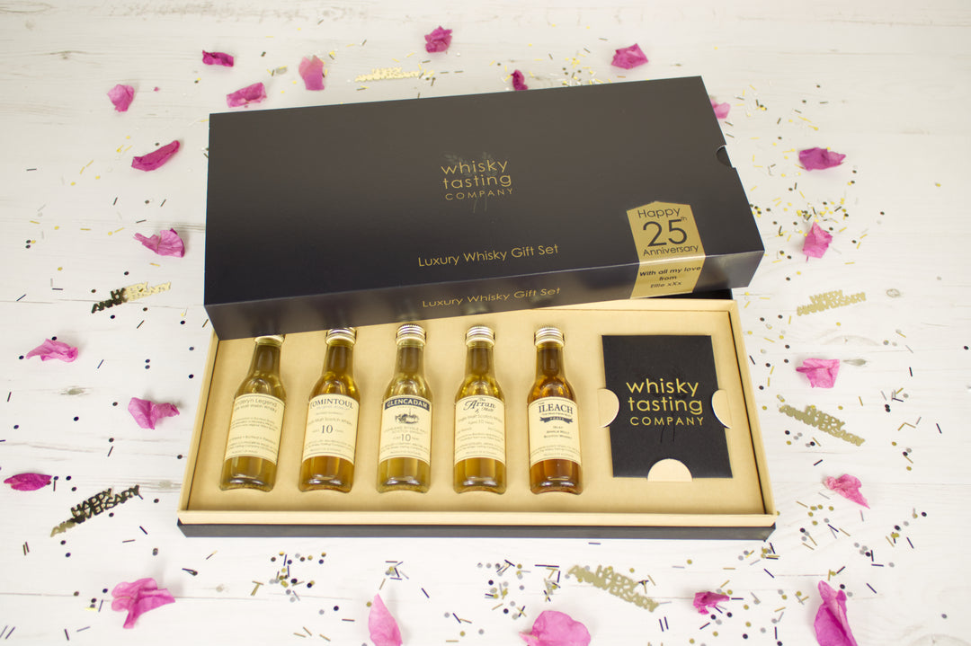 Luxury whisky gift set with five bottles personalised for a 25th Wedding anniversary