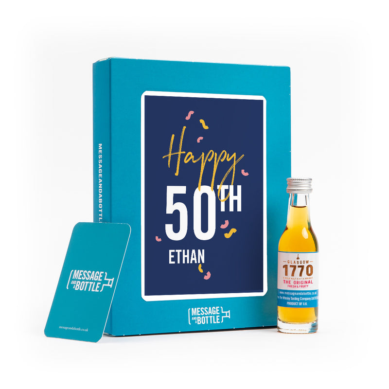 50th Birthday - milestone birthday card with spirit miniature