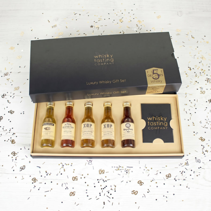 gift set containing 50, 40, 30 20 and 10 year old Scotch whisky