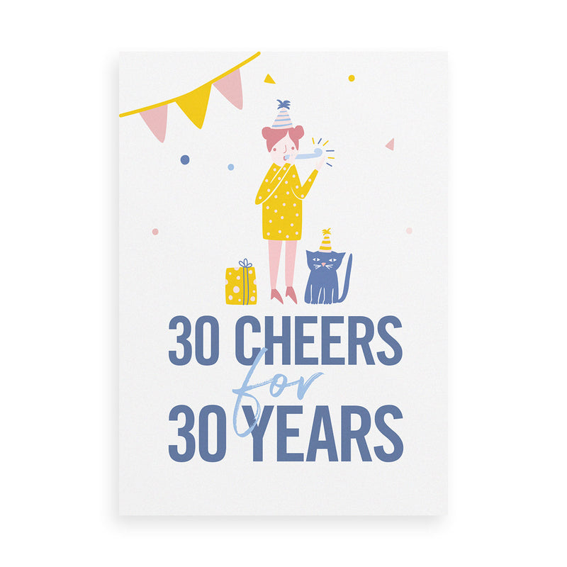 30 Cheers for 30 years card with party lady and cat
