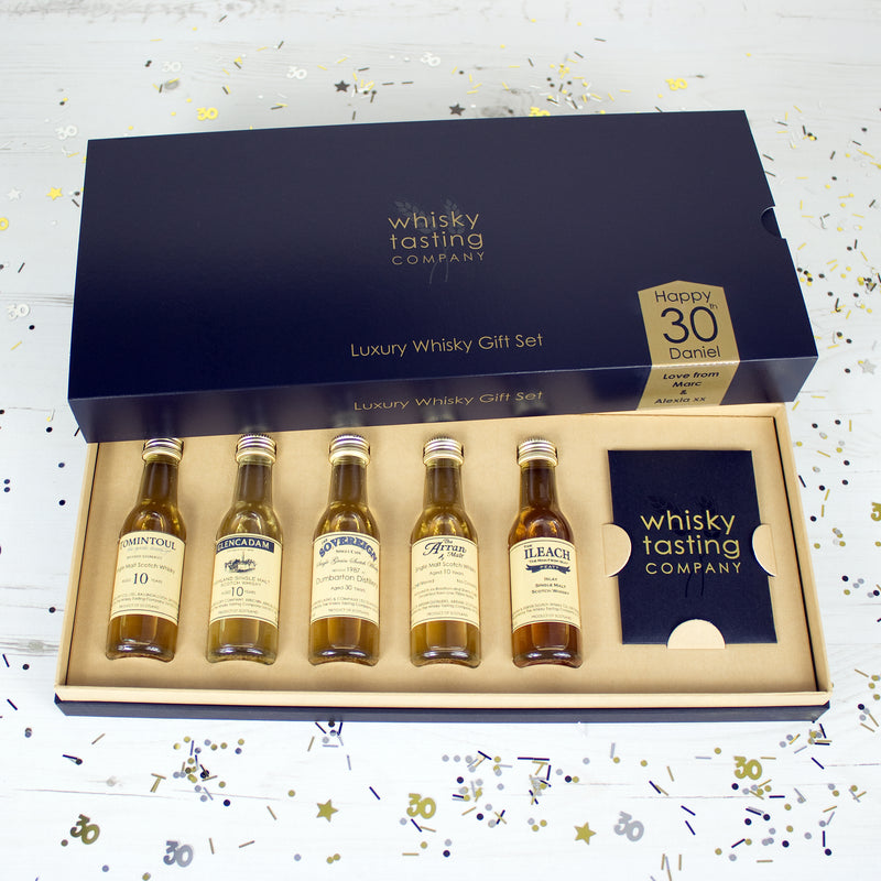 30 year old Scotch whisky and four single malt bottles whisky in personalised whisky gift set.  Personalised for 30th birthday.