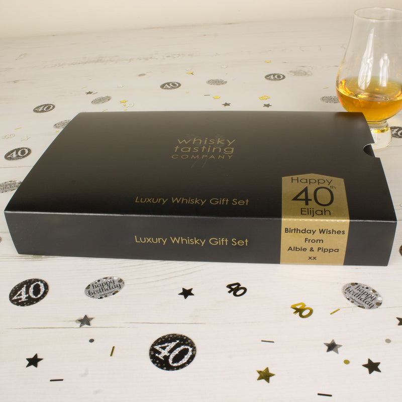 40 year old whisky gift set includes whisky tasting cards and whisky tasting mat. May be personalised.