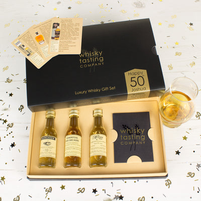 50th birthday whisky gift set with Tomintoul Glenlivet Five Decades single malt - contains 50, 40, 30, 20 and 10 year old single matl
