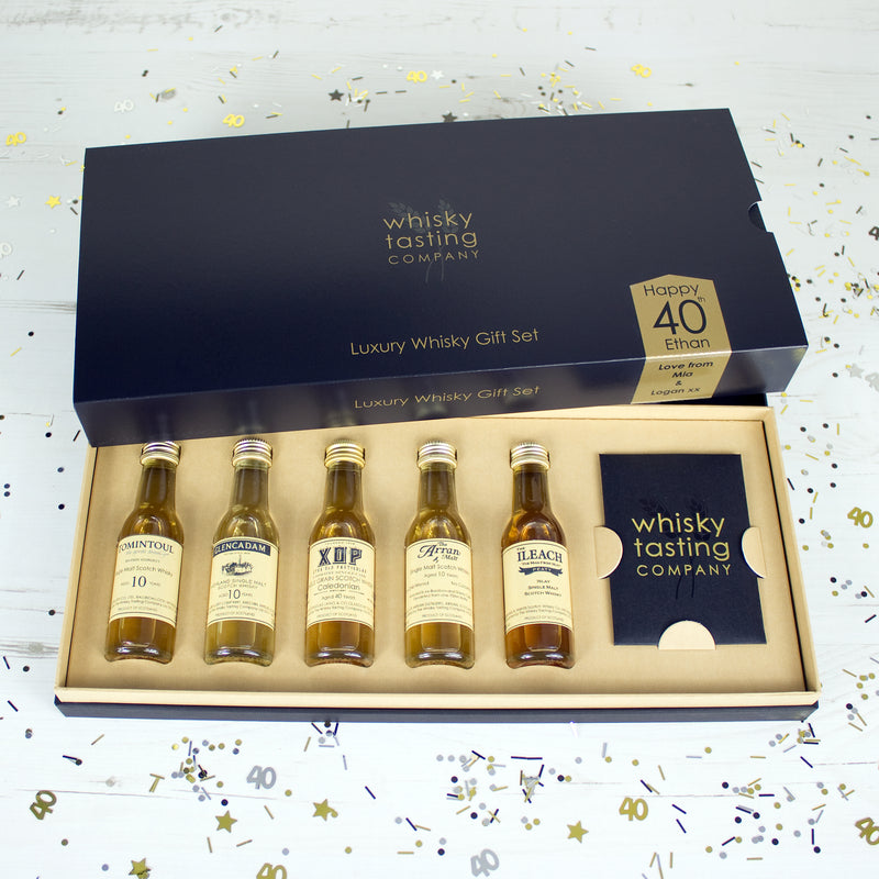 40 year old Cameronbridge Scotch whisky in gift set with Scottish single malts from Tomintoul, Glencadam, Arran and The Ileach single malts.