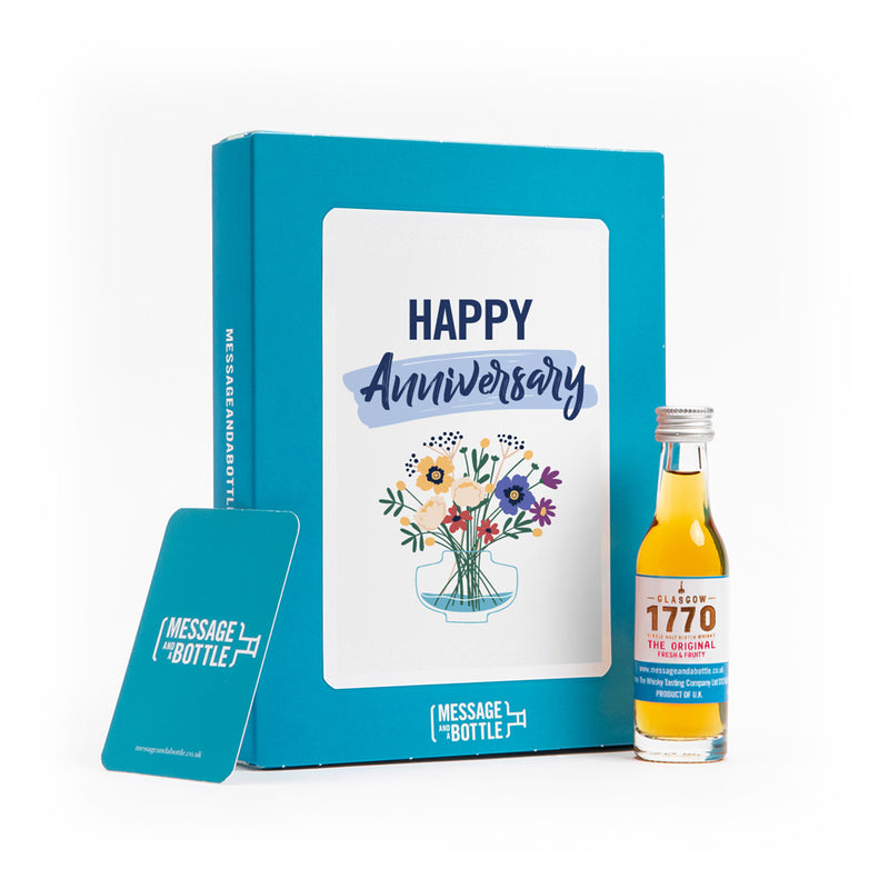 Happy Anniversary Flowers card with gin, whisky, vodka, brandy or rum