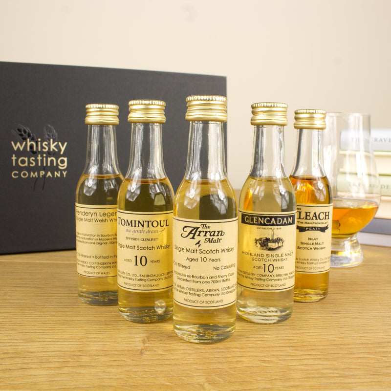 Miniature single malt whisky bottles with luxury whisky box