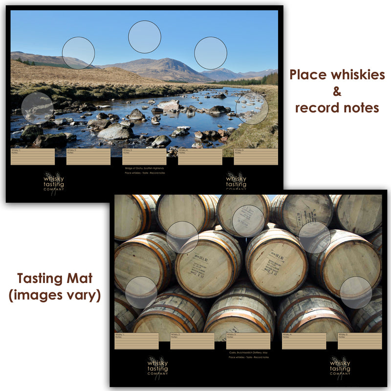 Whisky tasing mat inclued with whisky subscription boxes for tasting whisky and recording tasting notes.  Varying images of Scottish landscapes and distillery scenes.