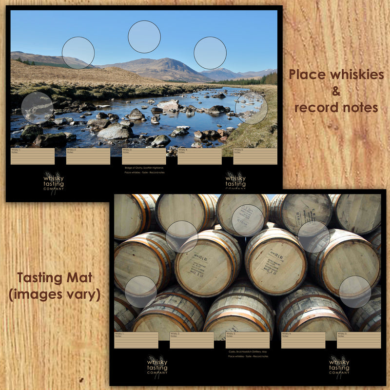 Whisky tasting mat showing Bridge of Orchy Scottish landscape and oak casks at Bruichladdich distillery.  Included in whisky gift set for tasting whiskies and recording personal notes.